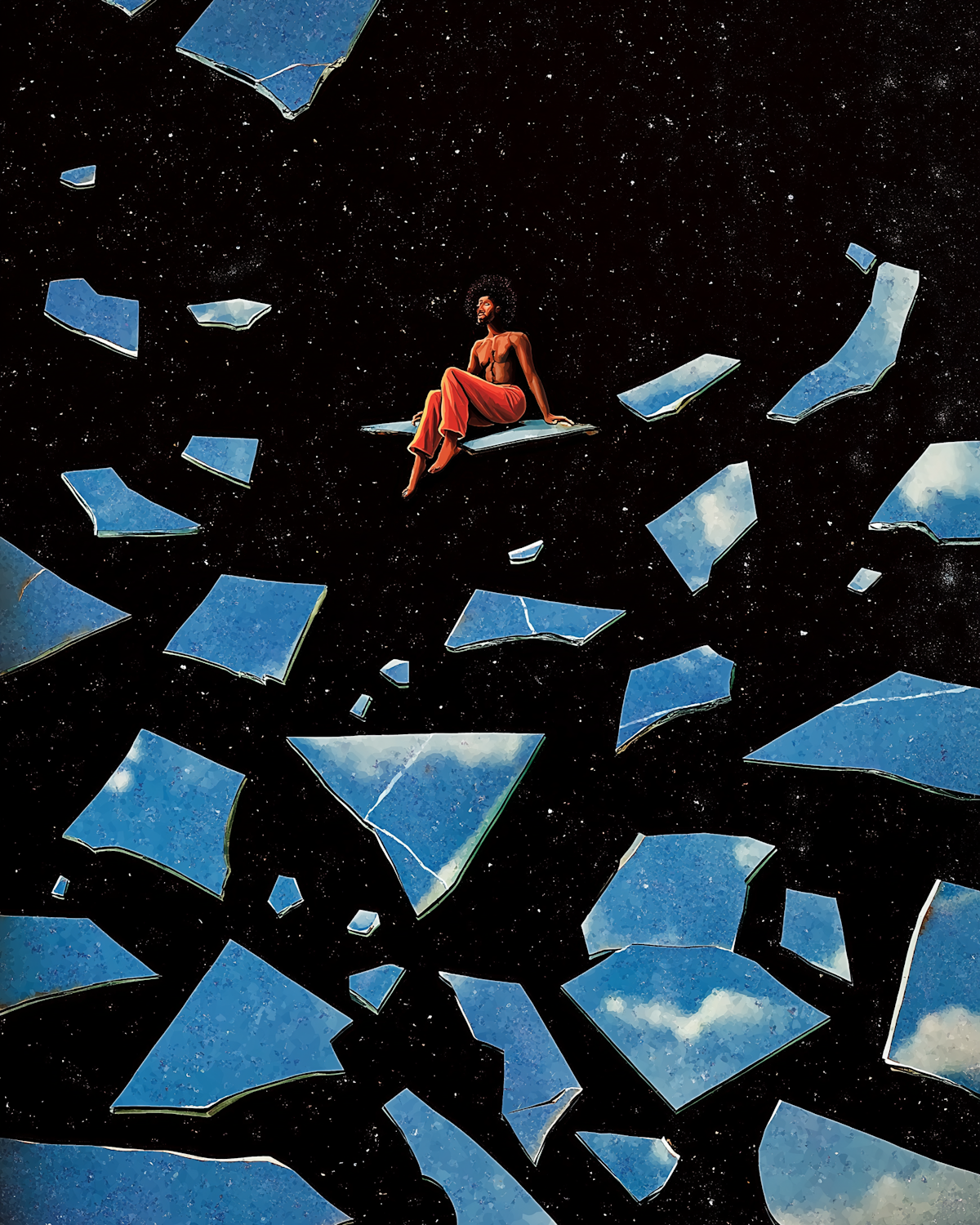 Depiction of a person experiencing a fragmented sense of self, a key aspect of dissociative identity disorder, as different 'versions' of oneself surface.