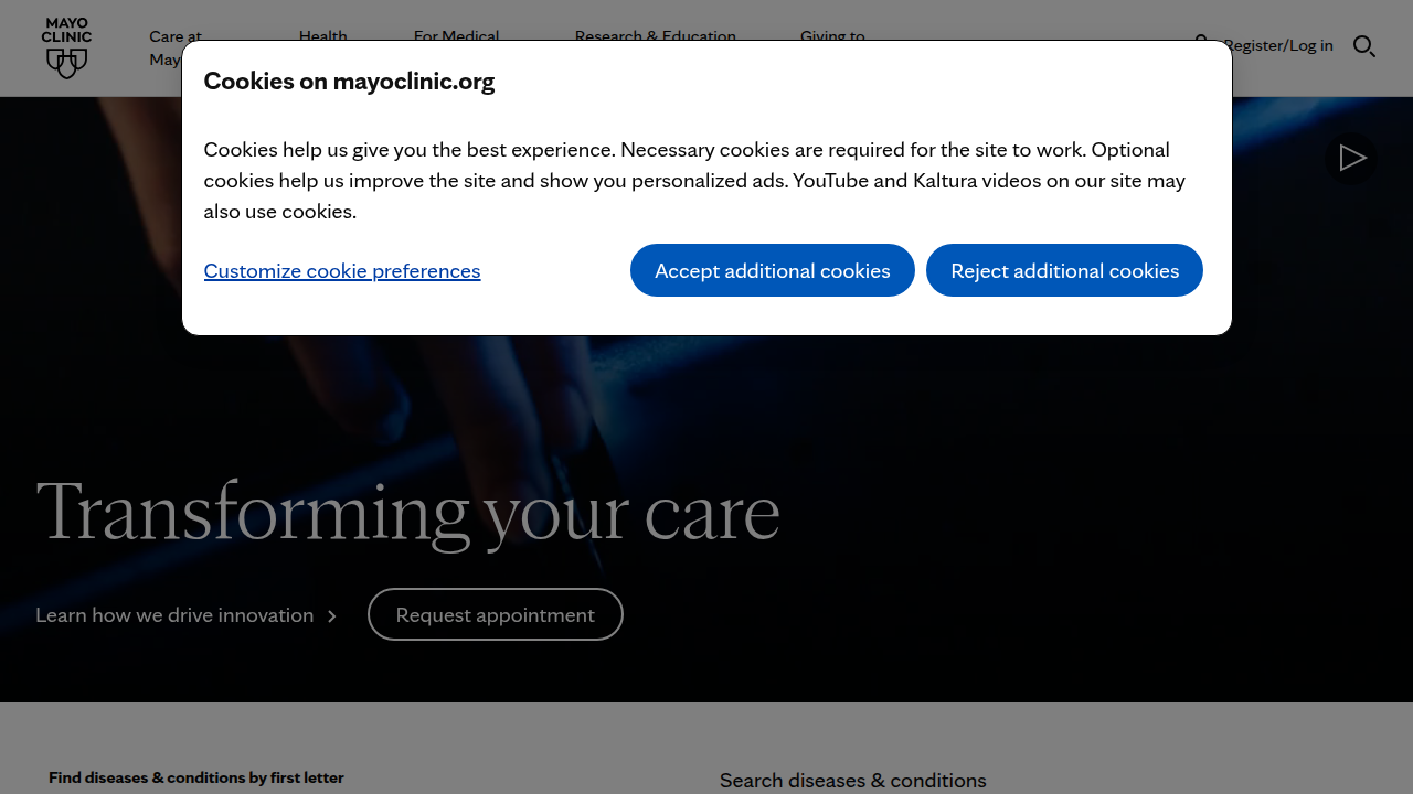 A screenshot of the Mayo Clinic's official website, a trusted resource for medical information and treatment options.