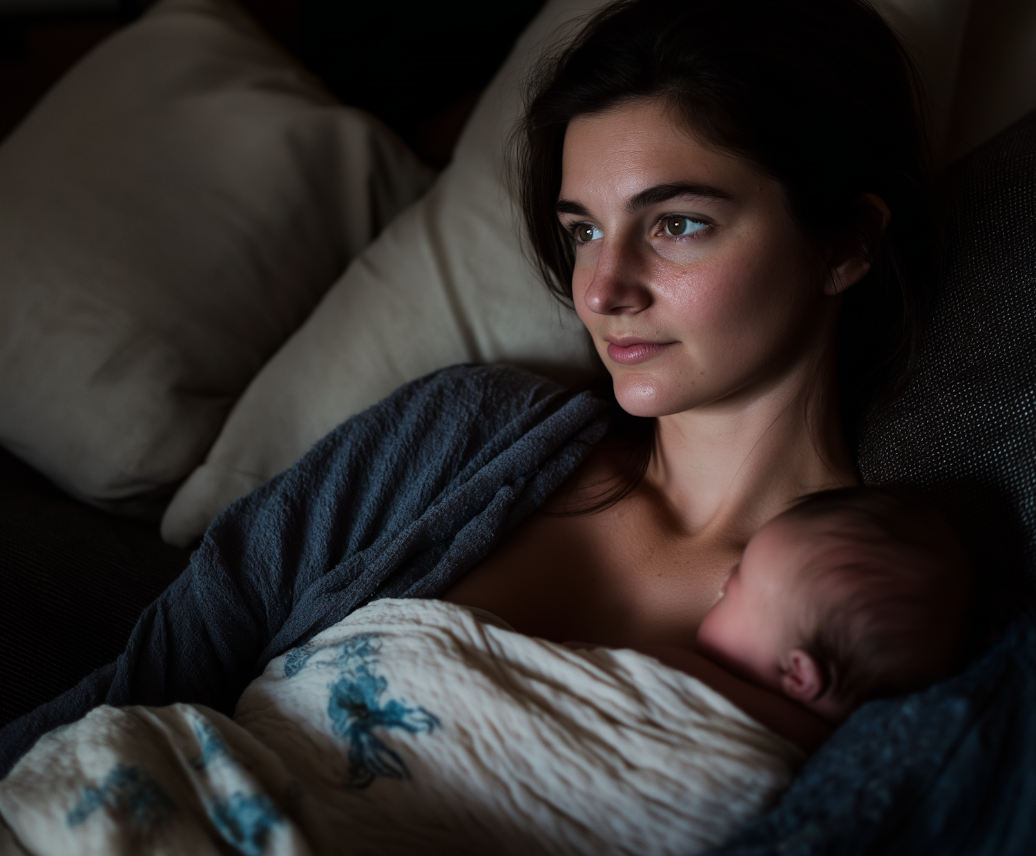 A new mother appears overwhelmed and exhausted, capturing the silent struggle many face with postpartum depression.