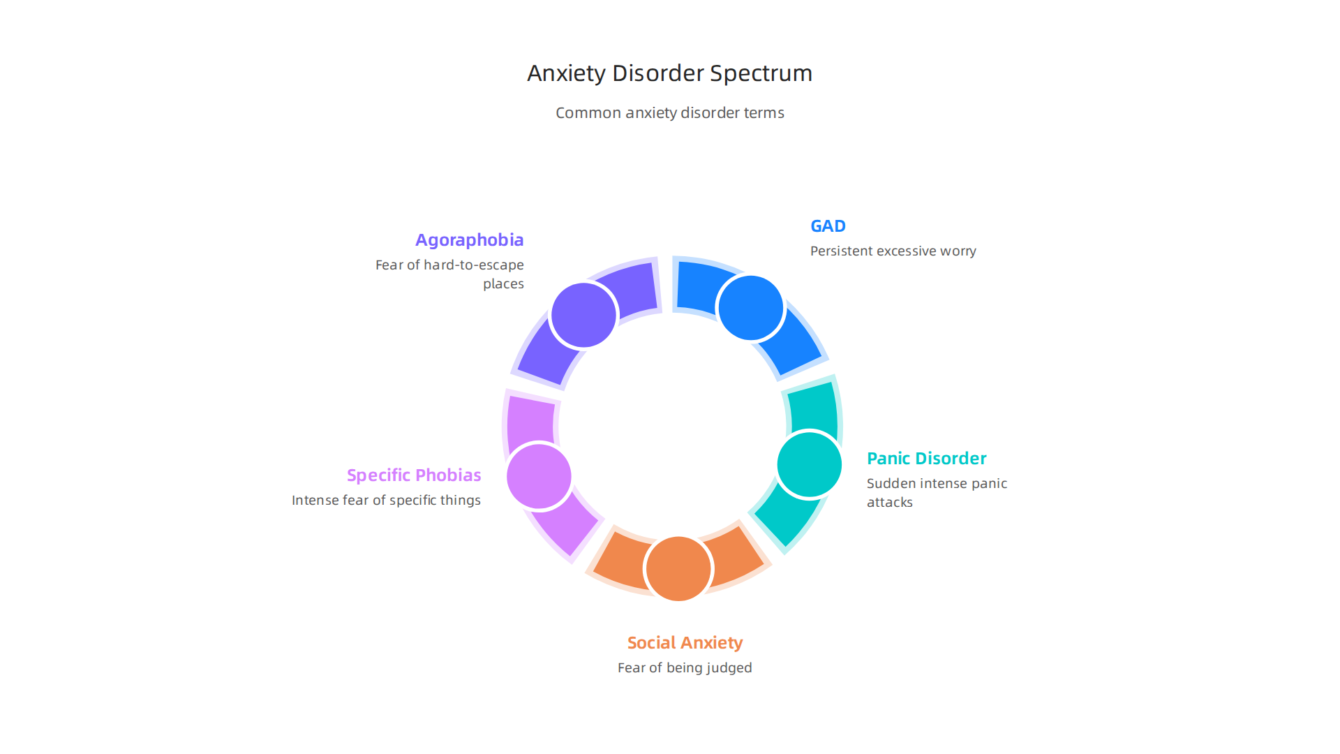 A breakdown of common anxiety disorders, including GAD, Panic Disorder, Social Anxiety, Specific Phobias, and Agoraphobia.