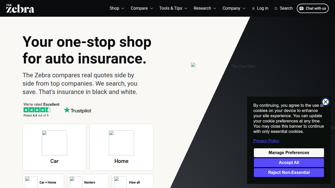 Screenshot of The Zebra's homepage, a resource for mental health statistics and research.
