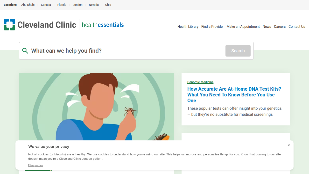 Screenshot of Cleveland Clinic's health information website, a trusted source for medical topics like catastrophizing.
