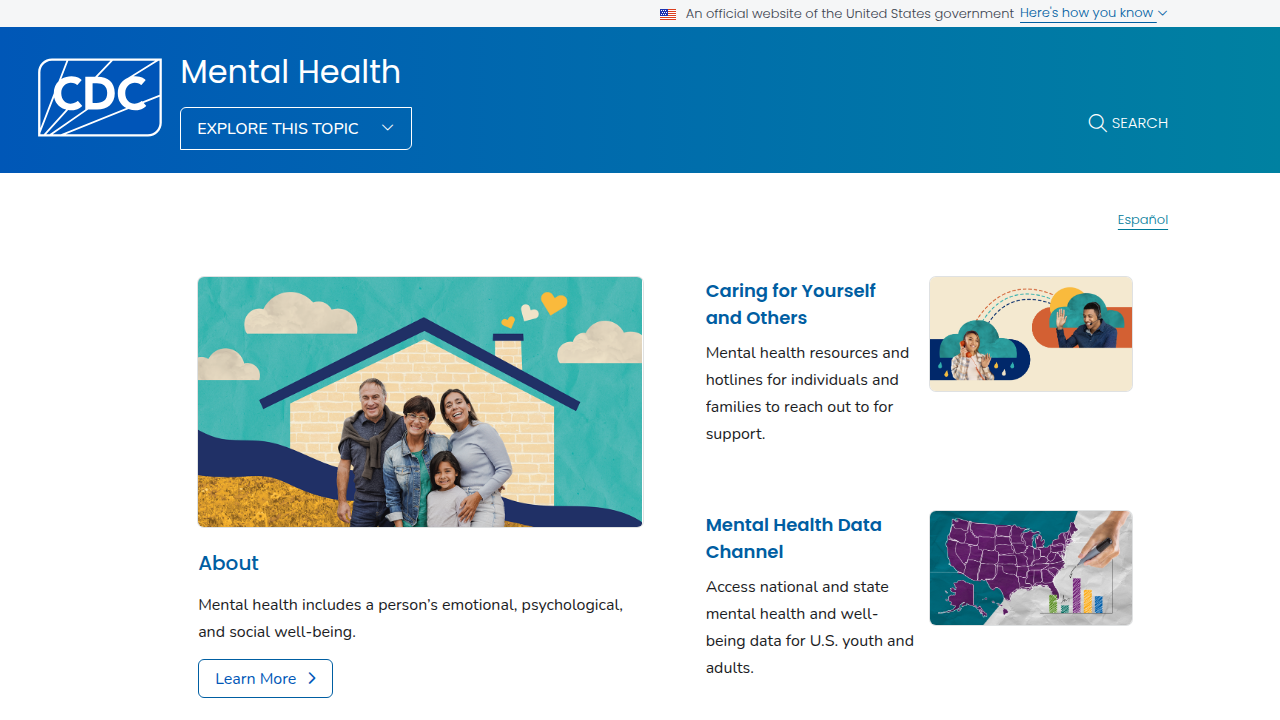 The CDC's mental health portal provides data and resources on mental conditions.