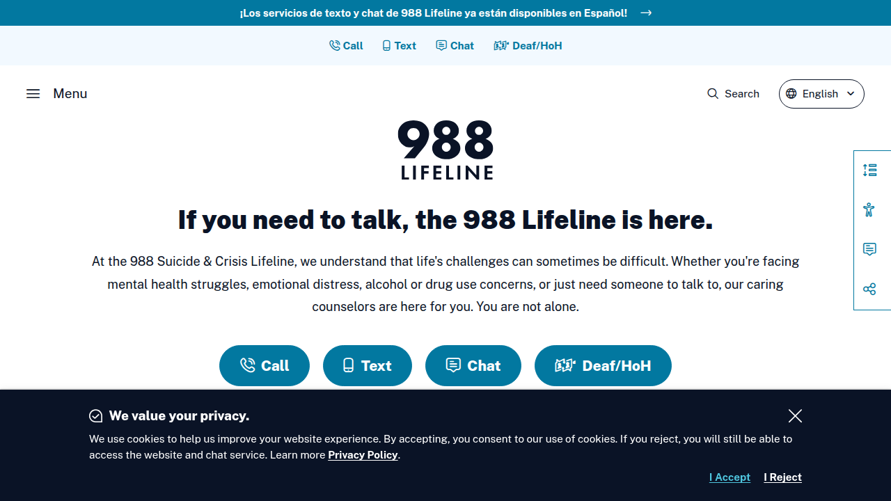 The homepage for the 988 Suicide & Crisis Lifeline, a vital resource for immediate support.