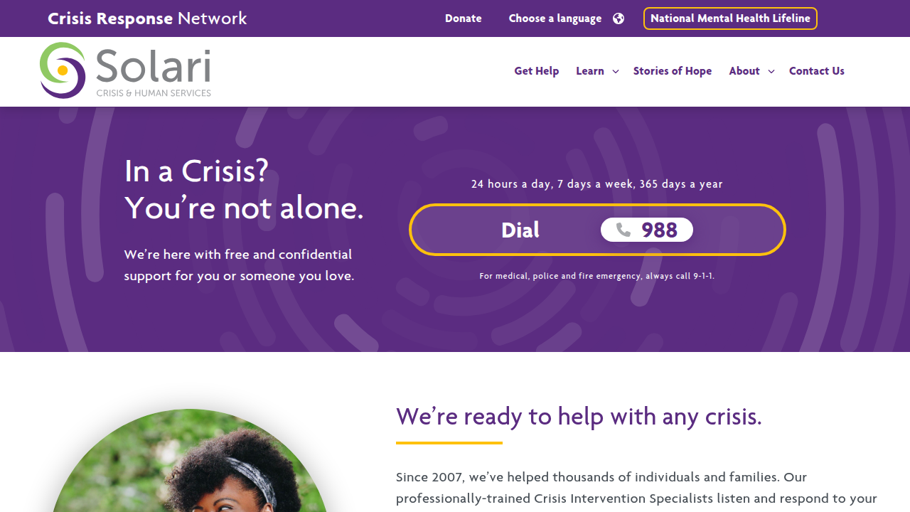 The homepage of Solari Crisis Response Network, an alternative for mobile crisis support.