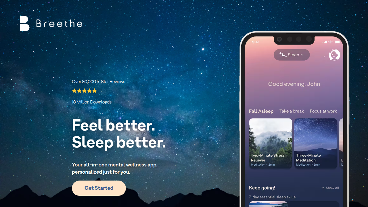 A screenshot of the Breethe app's website, an example of a popular meditation and sleep app.