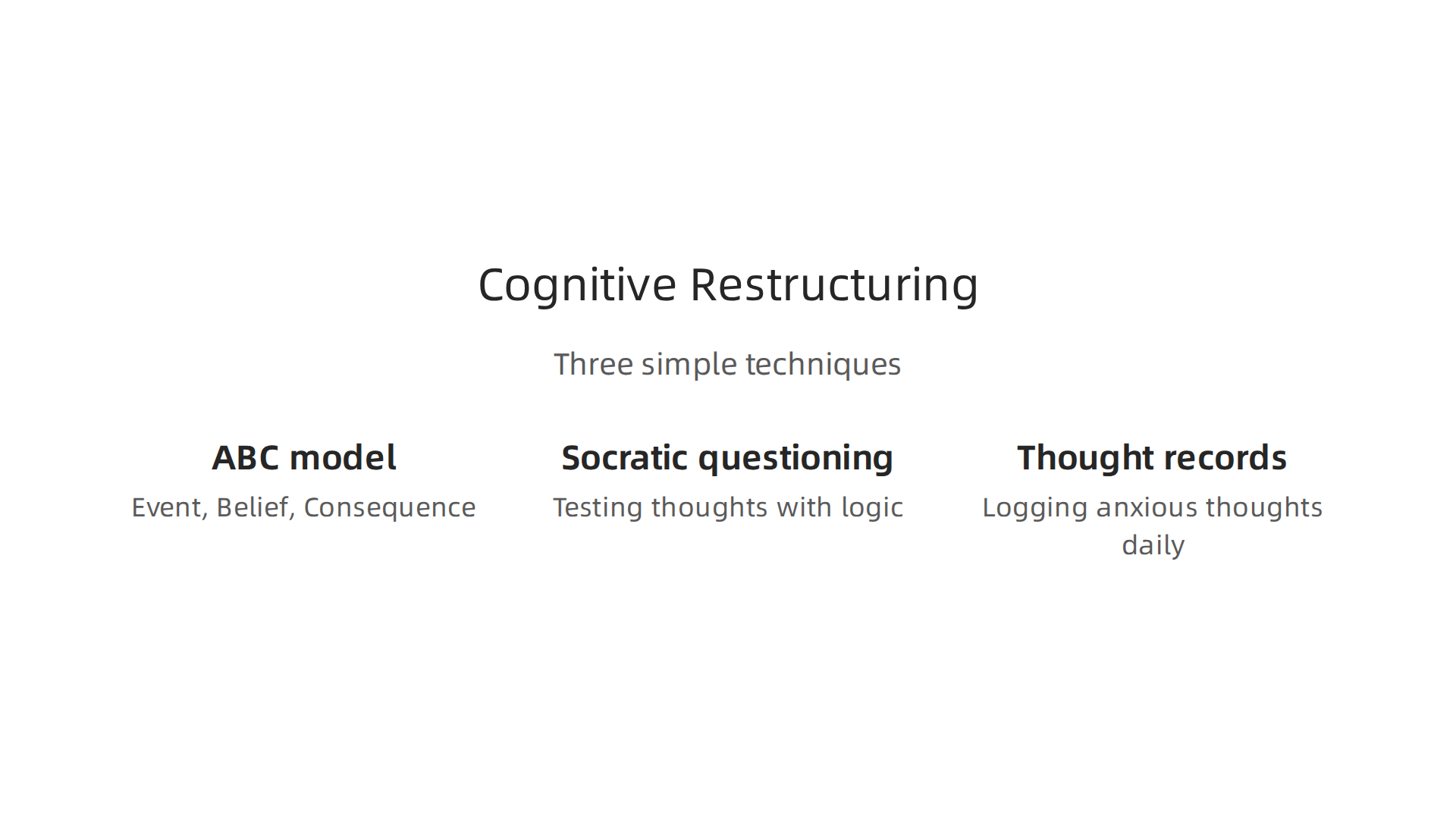 An infographic outlining three core techniques used in cognitive restructuring to challenge anxious thoughts.