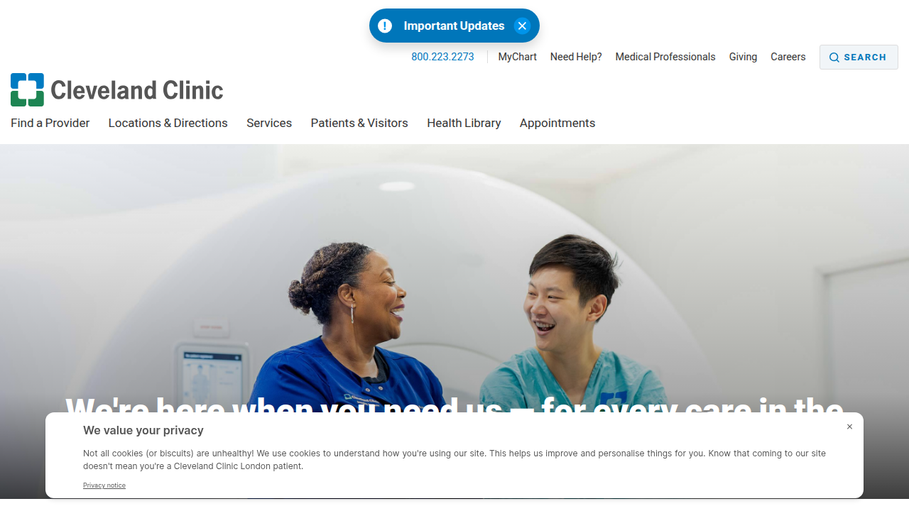 Screenshot of the Cleveland Clinic homepage, a trusted resource for medical information.