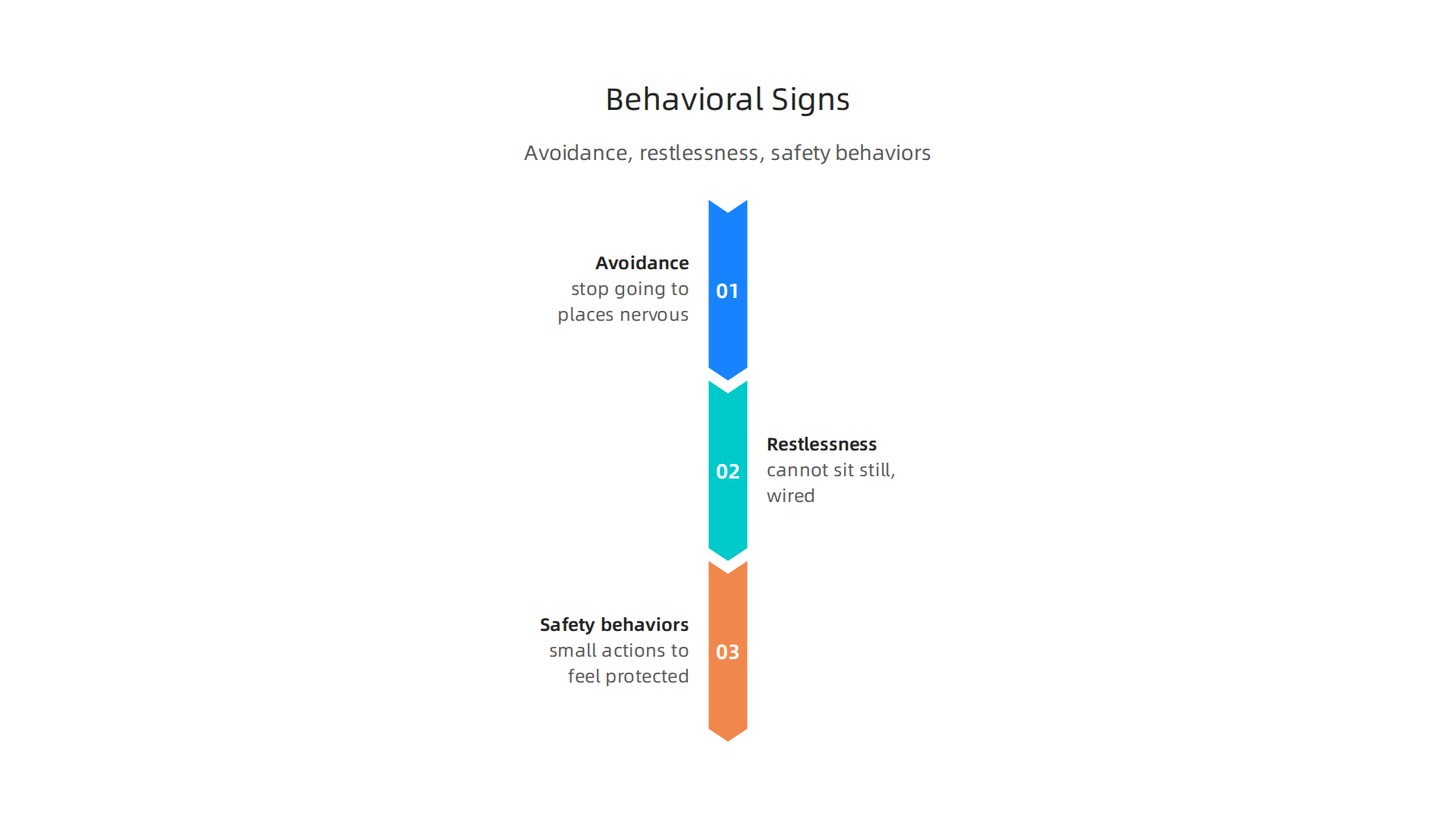 An infographic outlining key behavioral manifestations of anxiety, including avoidance, restlessness, and safety behaviors.