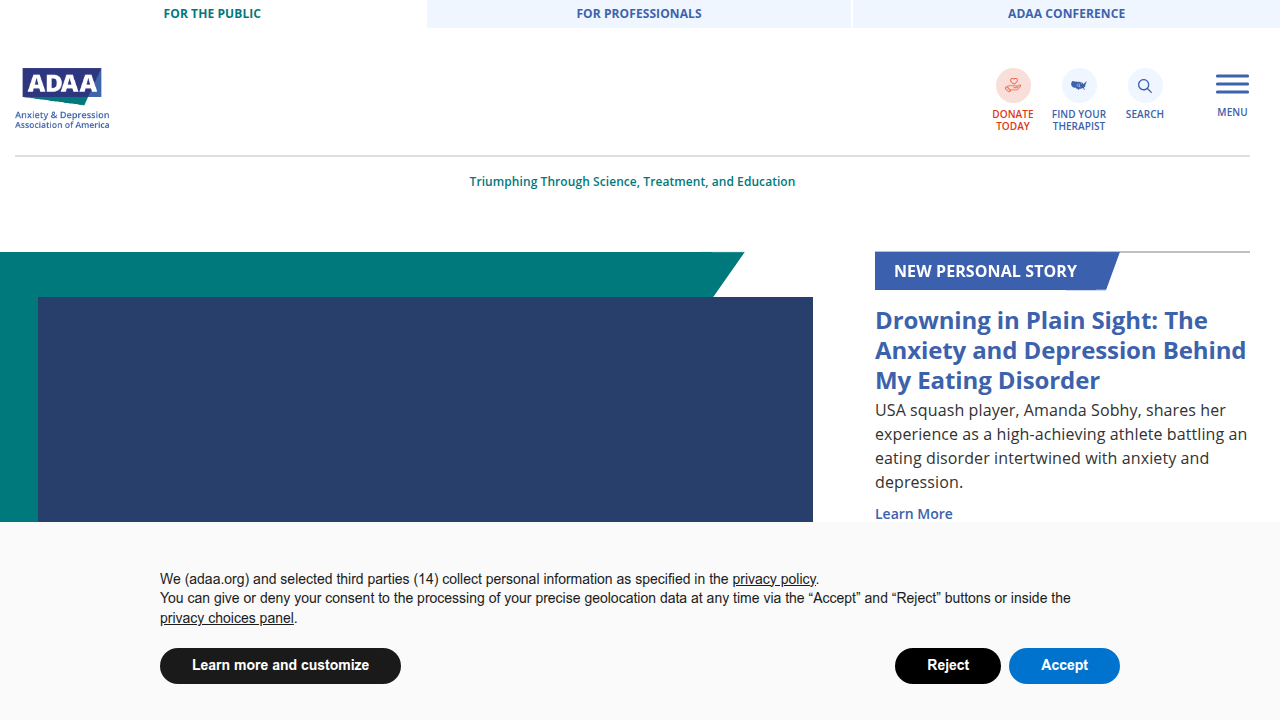 Screenshot of the Anxiety & Depression Association of America (ADAA) homepage, a resource for anxiety and depression support.