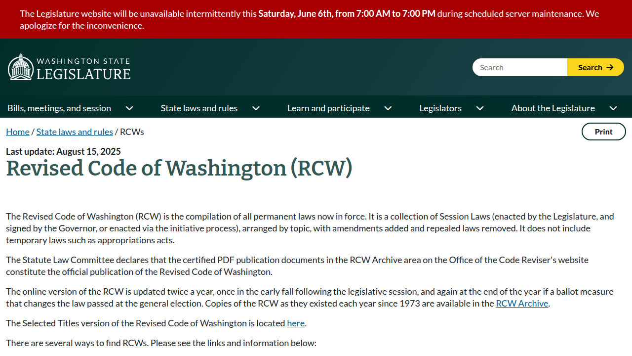 Screenshot of the Washington State Legislature website, referencing official legal codes related to behavioral health.
