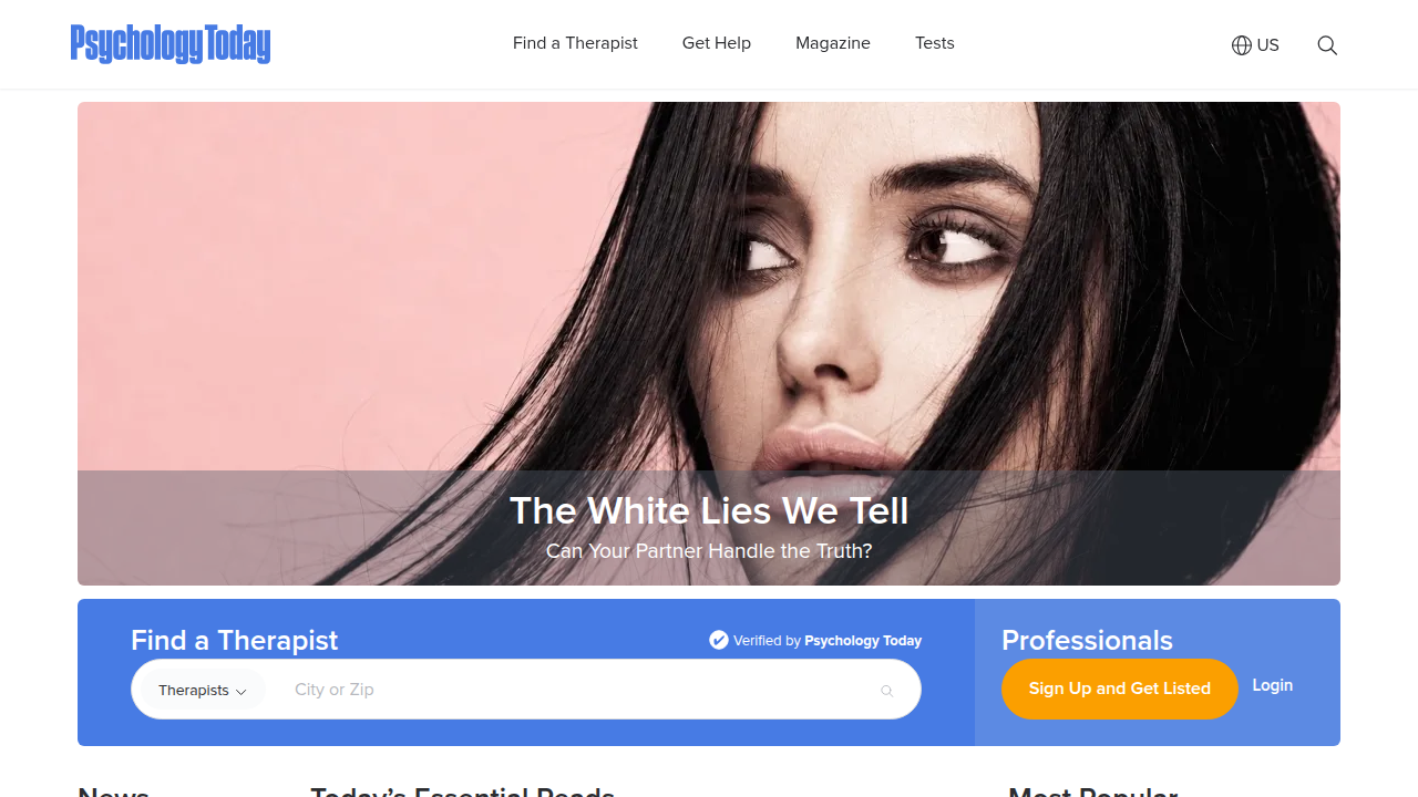 Screenshot of the Psychology Today homepage, a broad resource for mental health information and insights.