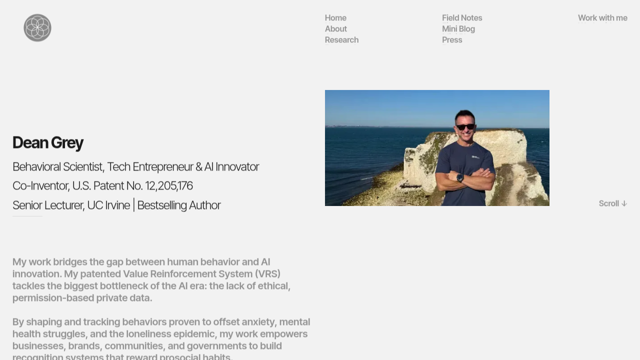 Screenshot of Dean Grey's website, detailing the Value Reinforcement System influencing modern behavioral health.