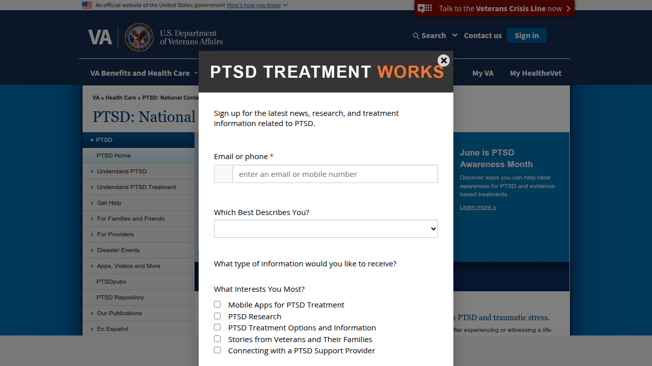 The U.S. Department of Veterans Affairs (VA) offers comprehensive resources and support for veterans dealing with PTSD, including information on telemental health services.