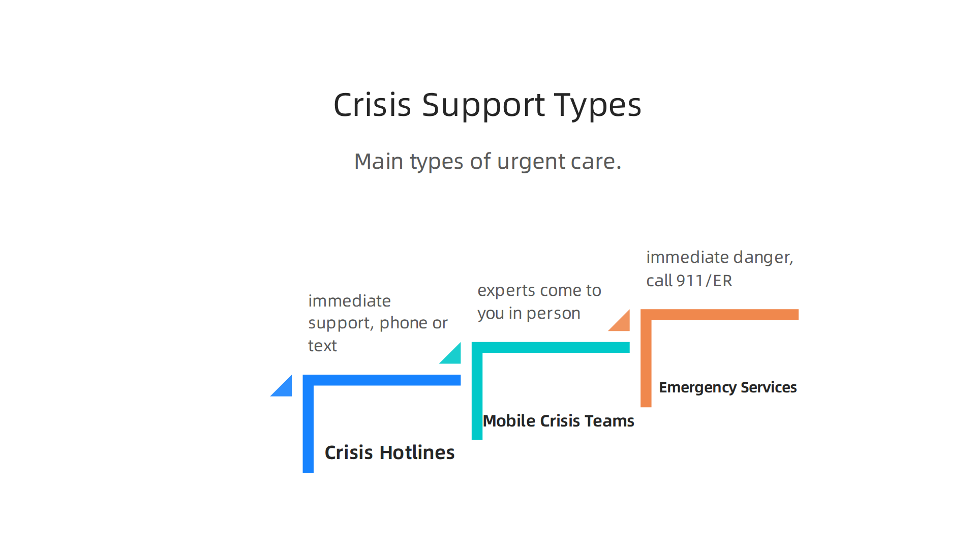 An infographic categorizing the three primary types of crisis support available: hotlines, mobile teams, and emergency services.