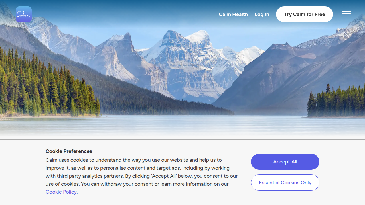 Screenshot of the Calm app homepage, a popular mental wellness tool offering guided meditations and sleep stories.