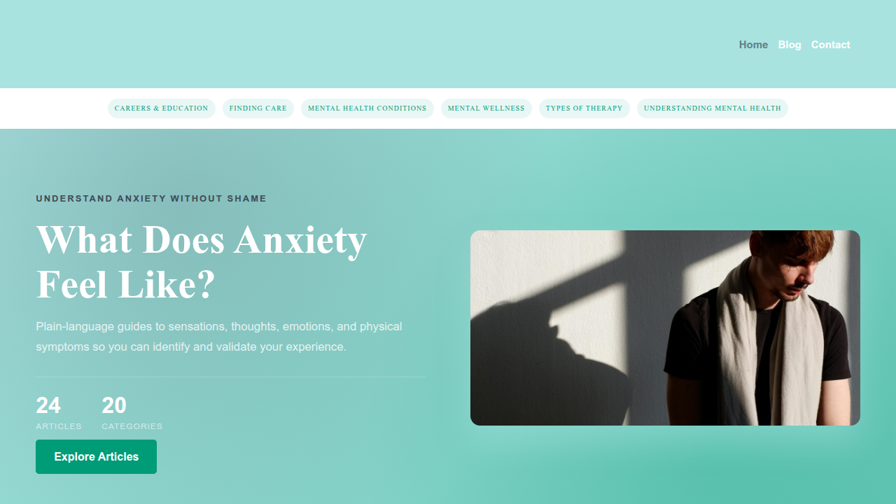Screenshot of the 'What Does Anxiety Feel Like' website, offering explanations of anxiety symptoms.