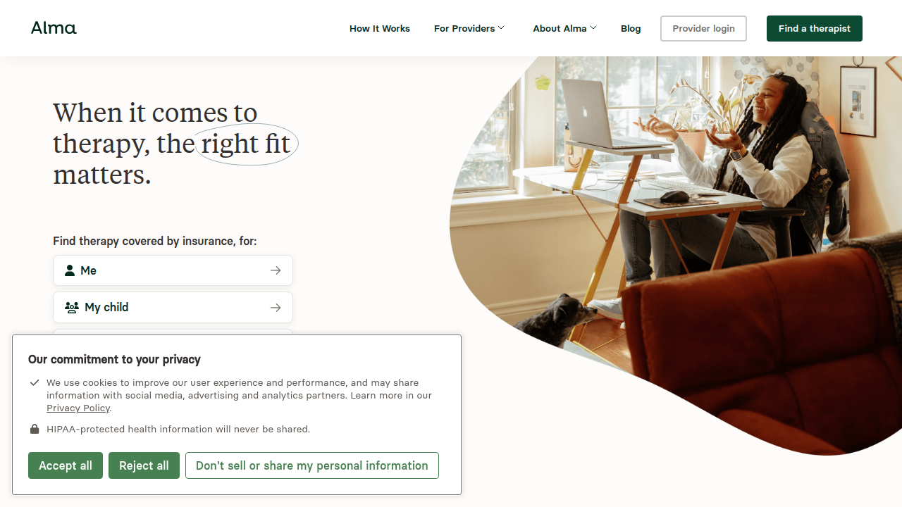 Screenshot of the Alma Mental Health platform, designed to connect users with mental health professionals.