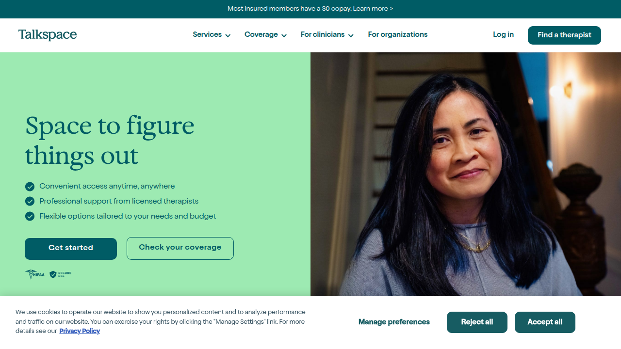 A screenshot of the Talkspace homepage, an online therapy platform, reflecting resources for family communication.