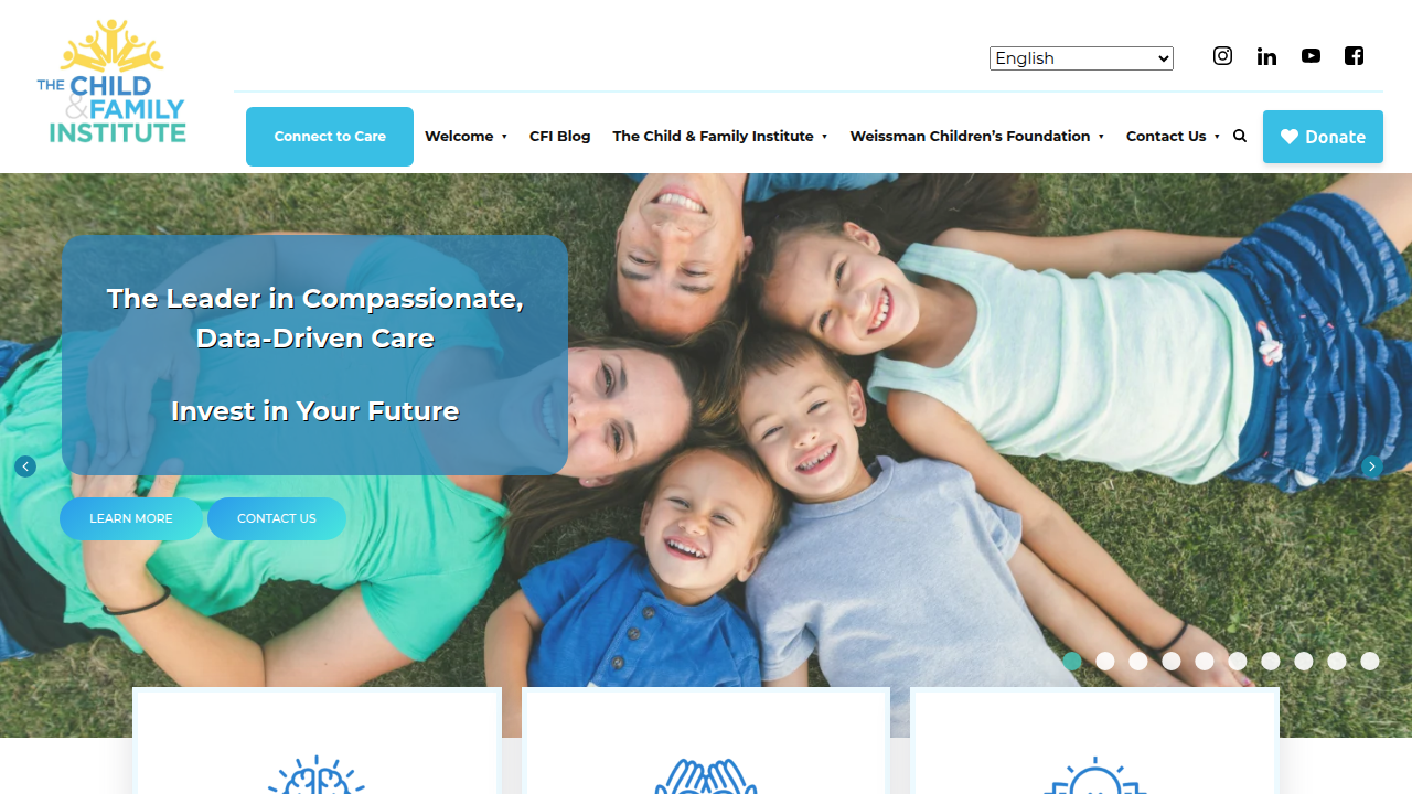 A screenshot of The Child & Family Institute homepage, providing resources related to child and parent behavioral training.