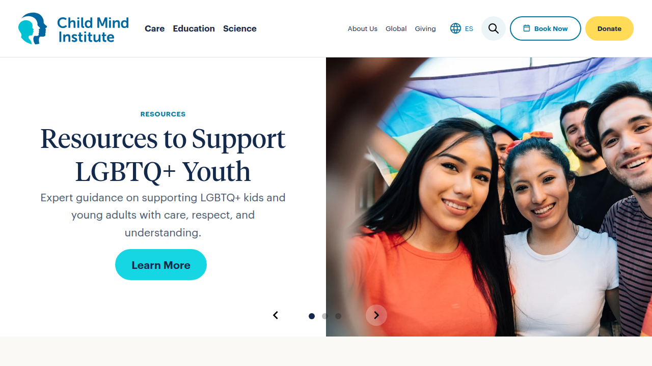 A screenshot of the Child Mind Institute homepage, a leading organization for child and adolescent mental health.