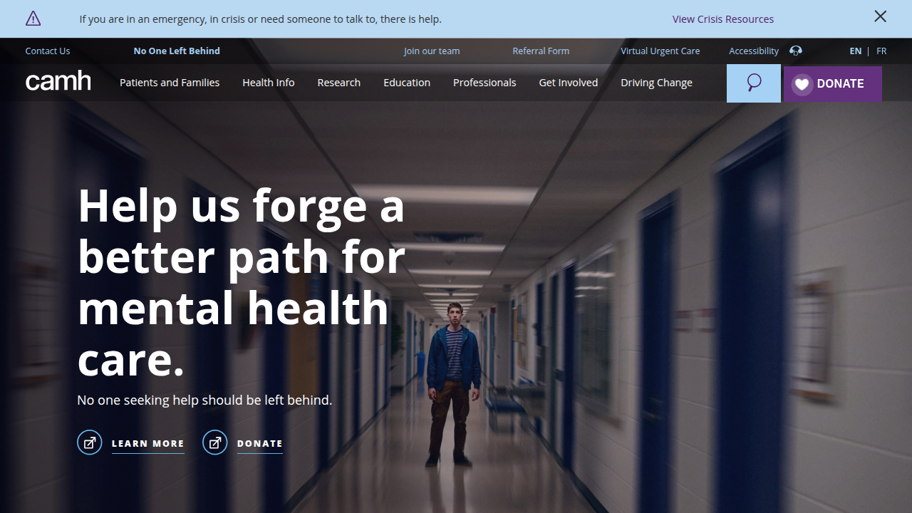 Homepage of the Centre for Addiction and Mental Health, a leading mental health hospital.