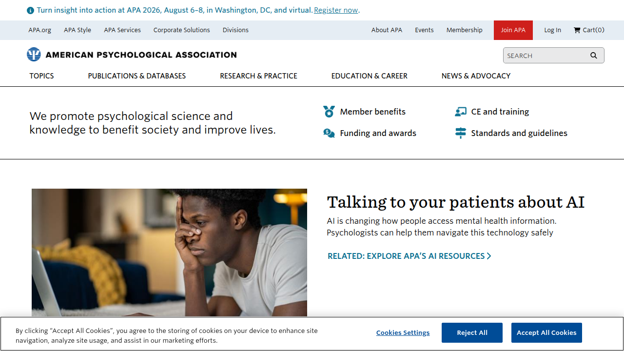 Screenshot of the American Psychological Association's website, a professional and scientific organization.