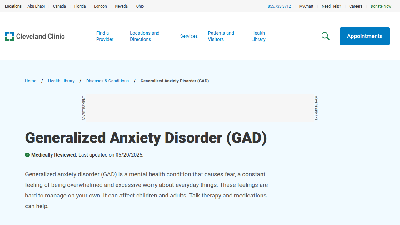 The Cleveland Clinic's comprehensive guide on Generalized Anxiety Disorder (GAD), detailing diagnostic criteria and symptoms.