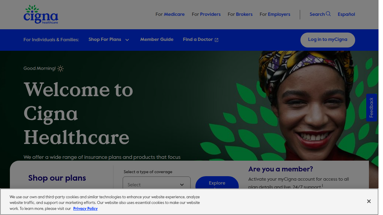 The Cigna homepage, a starting point for exploring behavioral health services.