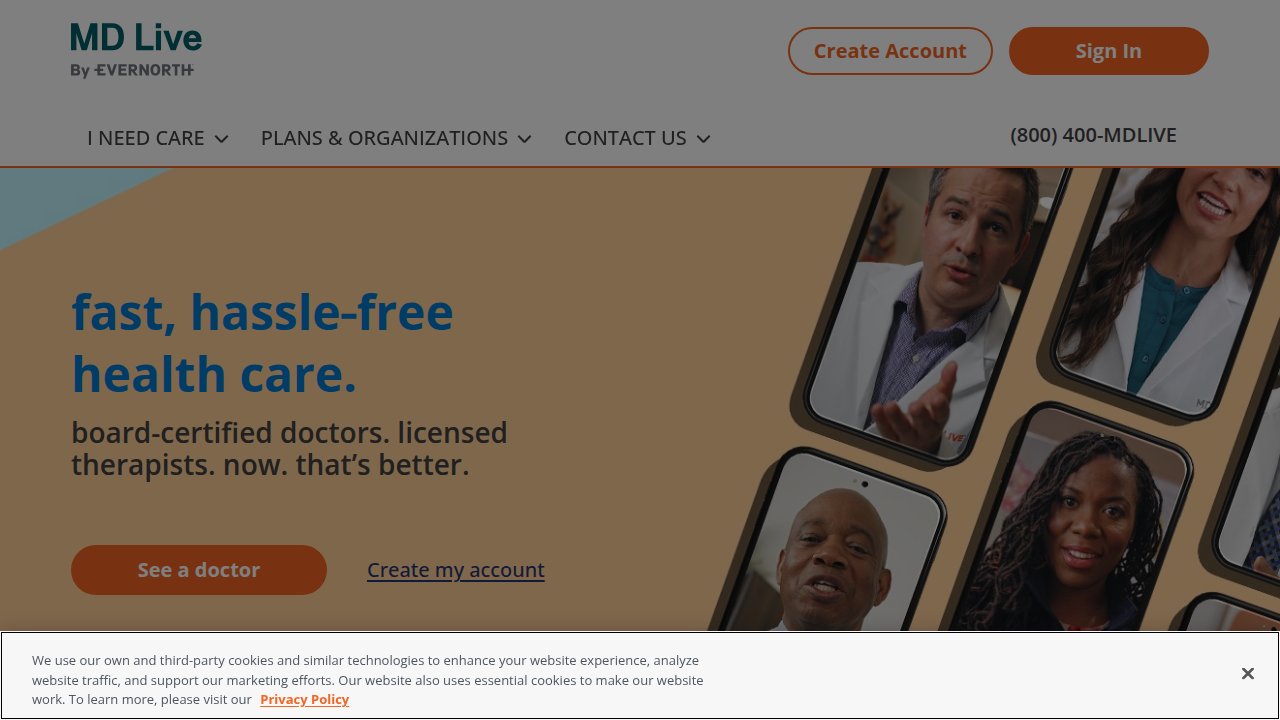 MDLive homepage, a platform offering virtual care and telehealth options for Cigna members.