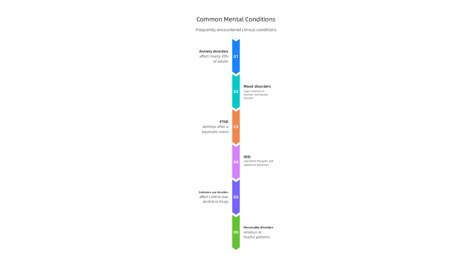 An infographic summarizing frequently encountered clinical mental health conditions.