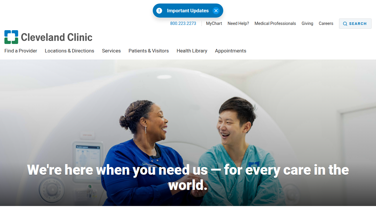 Screenshot of the Cleveland Clinic homepage, a major academic medical center.