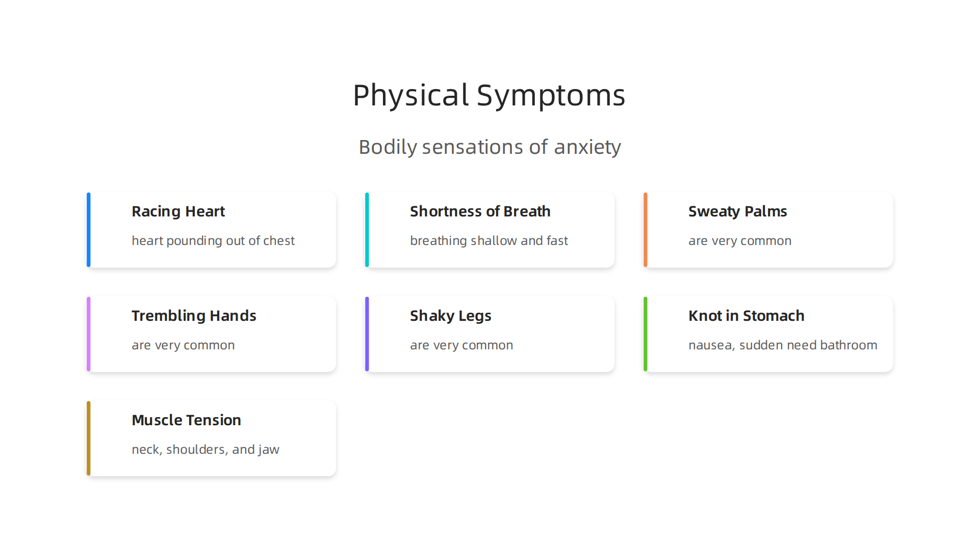 Anxiety manifests through various physical sensations, indicating the body's 'fight-or-flight' response.
