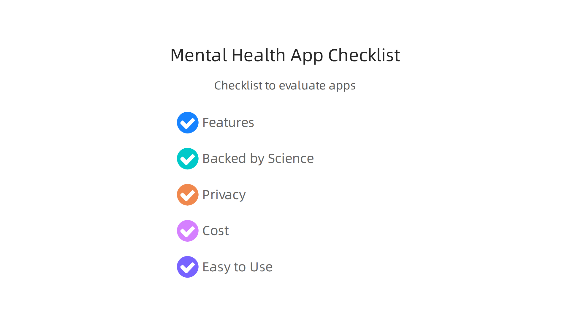 A checklist to help users evaluate and choose the most suitable mental health app for their needs.