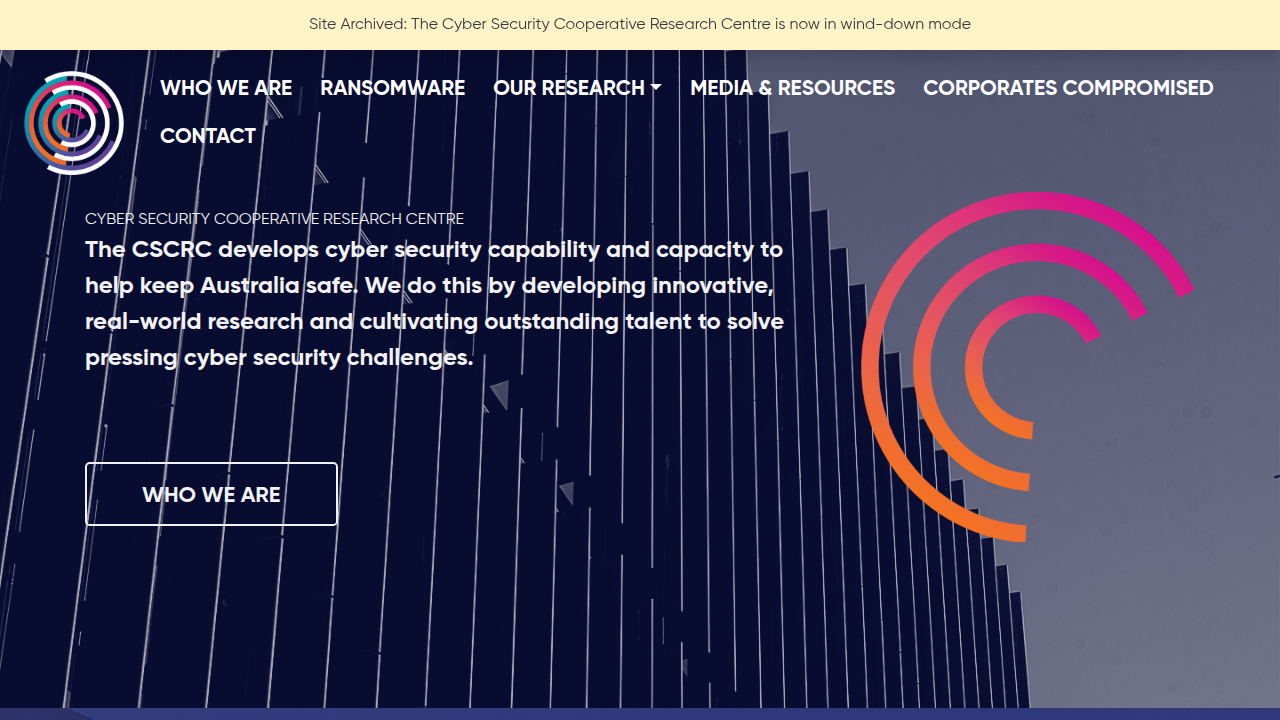 The homepage of Cybersecurity CRC, an organization focused on cybersecurity research and innovation.