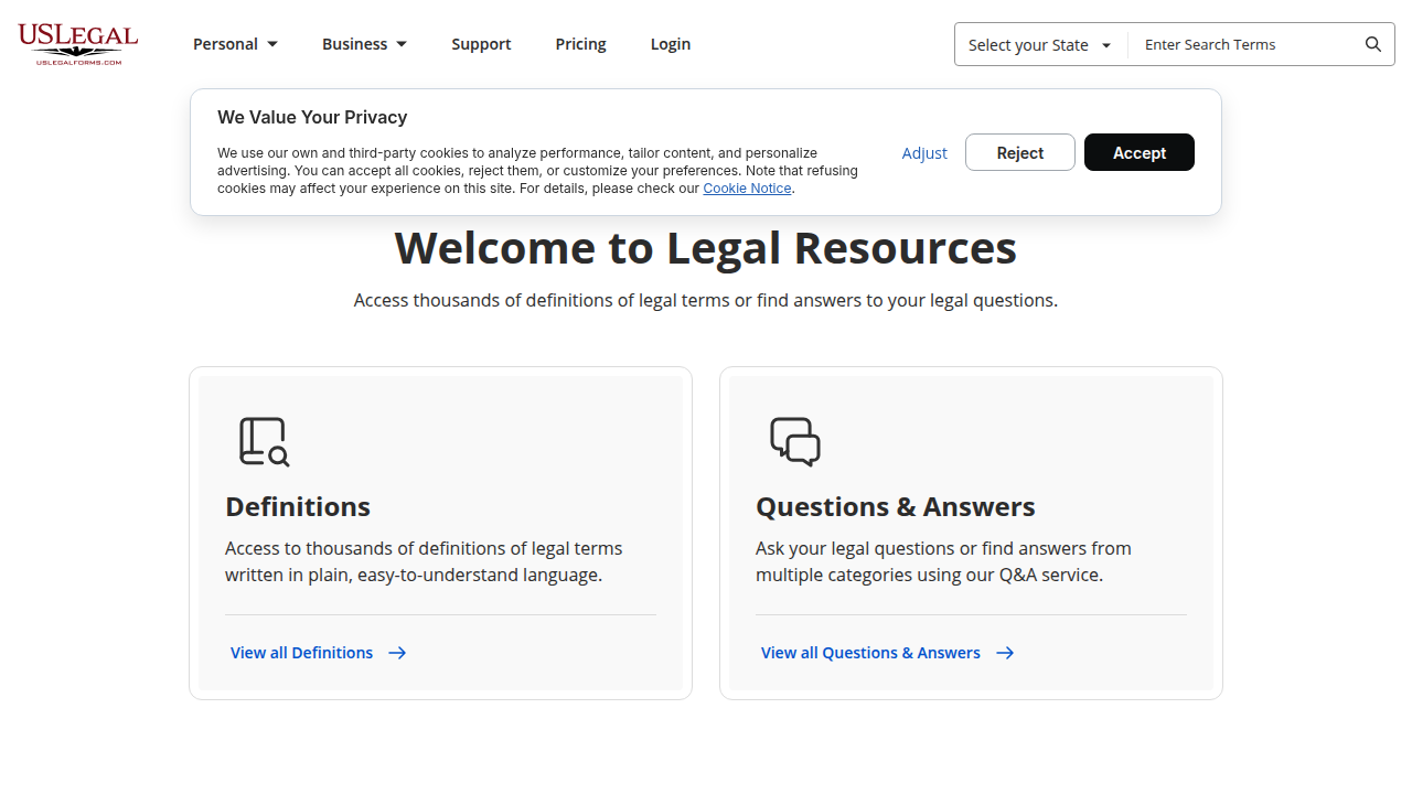 Screenshot of Legal-Resources.USLegalForms.com, a resource for legal definitions.