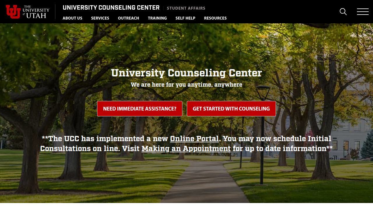 A screenshot of the University of Utah Counseling Center website, showing how universities present their mental health services.