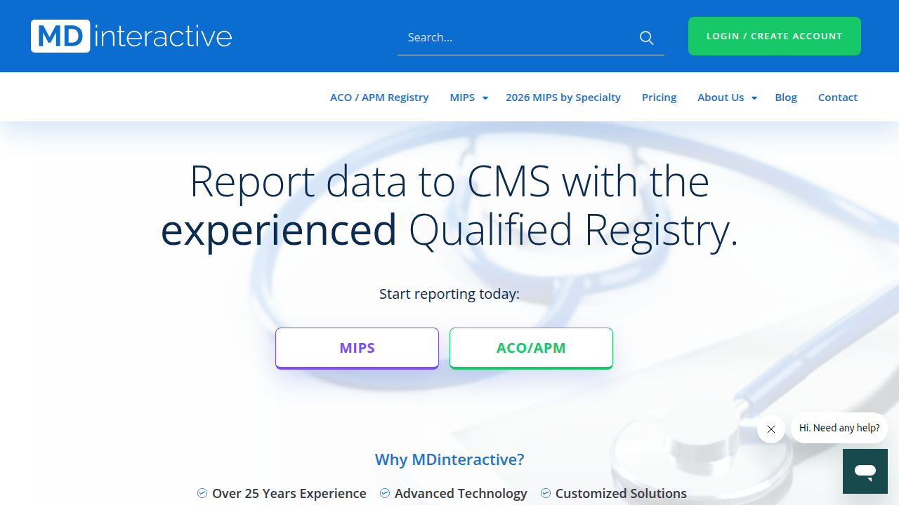 A screenshot of the MDInteractive homepage, which provides resources and solutions for healthcare quality reporting.